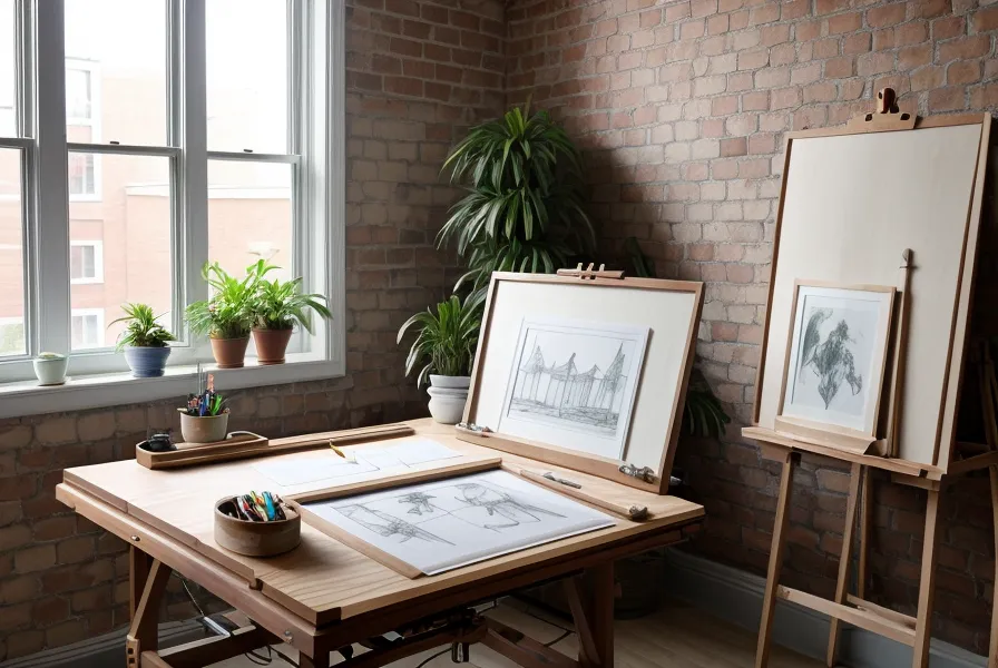 Ausgedruckte Familienfotos zur Prüfung der Bildkomposition neben Aquarellfarben und Zeichenutensilien