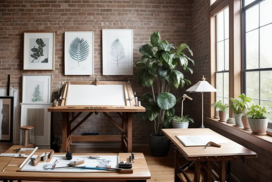 Kreativer Arbeitsplatz mit Sony Kamera, iPad-Skizzen und ausgedruckten Landschaftsfotos – Vorbereitung für Familienfotografie mit Lightroom-Presets.