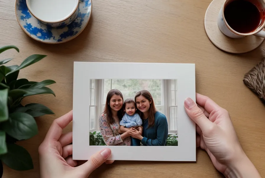 Hand hält ein ausgedrucktes Familienfoto neben Aquarell-Farbfeldern zum Vergleich von Luminanz und Pigmentdichte