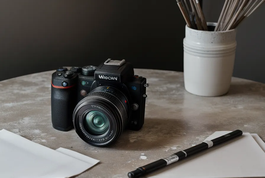 Sony Alpha 6000 Kamera neben Aquarellfarben auf Holztisch als Vorbereitung für Lightroom-Presets bei Familienfotografie im Freien